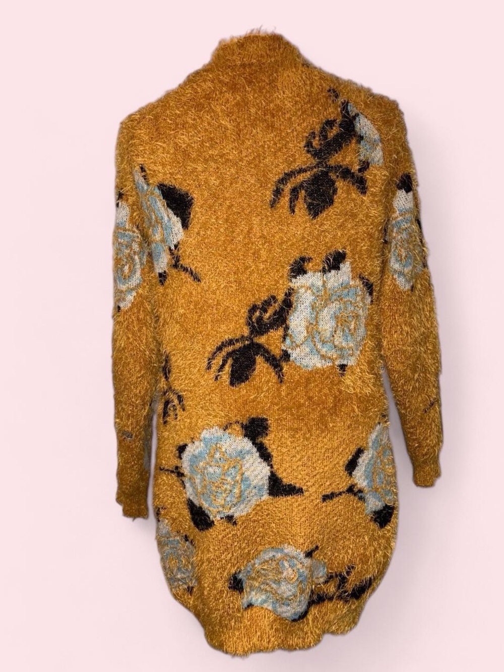 Charlotte Russe Mustard Fuzzy Floral Cardigan with Blue and Black Accents - Picture 4 of 8